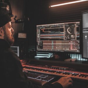 Mixing in Logic Pro — audio mixing in Logic Pro 11 on a studio console