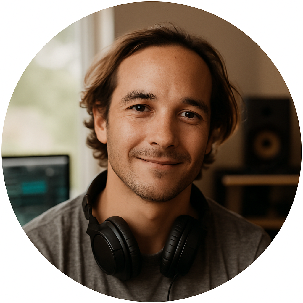 Natural round portrait of a music producer with headphones in a home studio