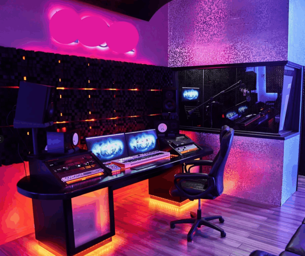 Home studio course — treated room with monitors, acoustic panels, desk and audio interface