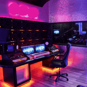 Home studio course — treated room with monitors, acoustic panels, desk and audio interface