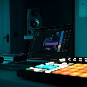 Ableton Live 12 trap beat course — laptop with Ableton and a pad controller in a studio